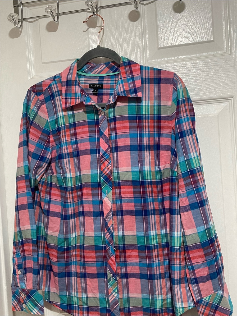Talbots summer Pink, Teal & Navy Plaid Button-Down Shirt